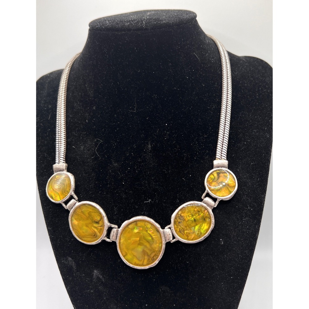 TINT Yellow Swirl Resin‎ Oval Pendant Necklace Silver Tone Chain Toggle Clasp